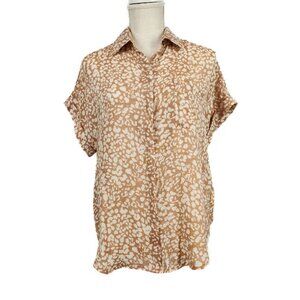 Twine & String Button Up Blouse Women's M Tan Floral Cottage Short Sleeve Casual